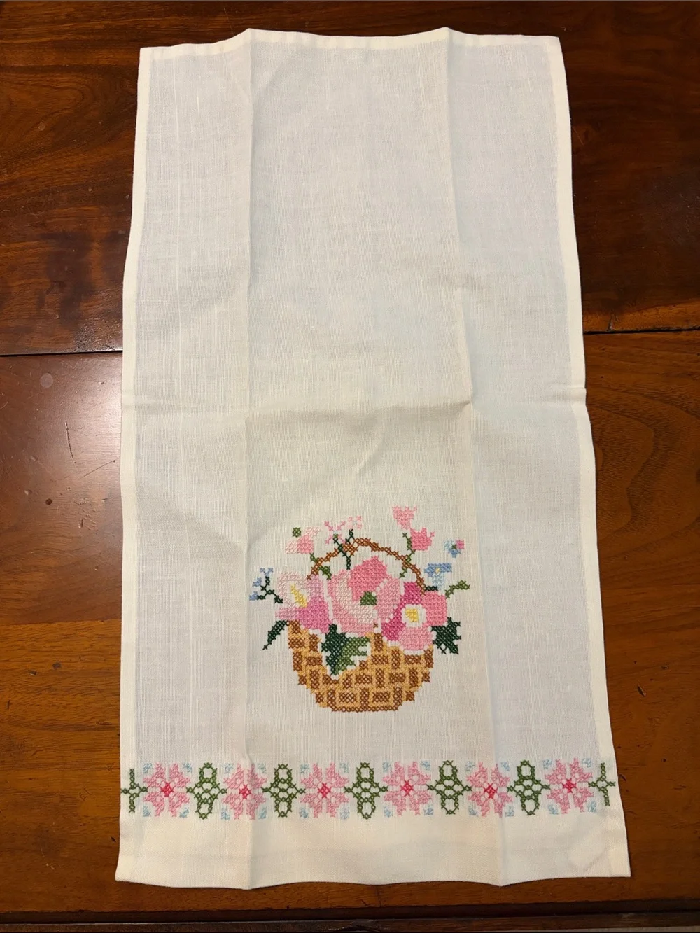 Vintage Linen Towels - Cross Stitch Flower Basket- Set/2 - Pink & Blue